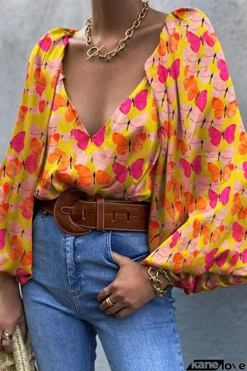 Retro Butterfly Sleeve V-Neck Blouse Top