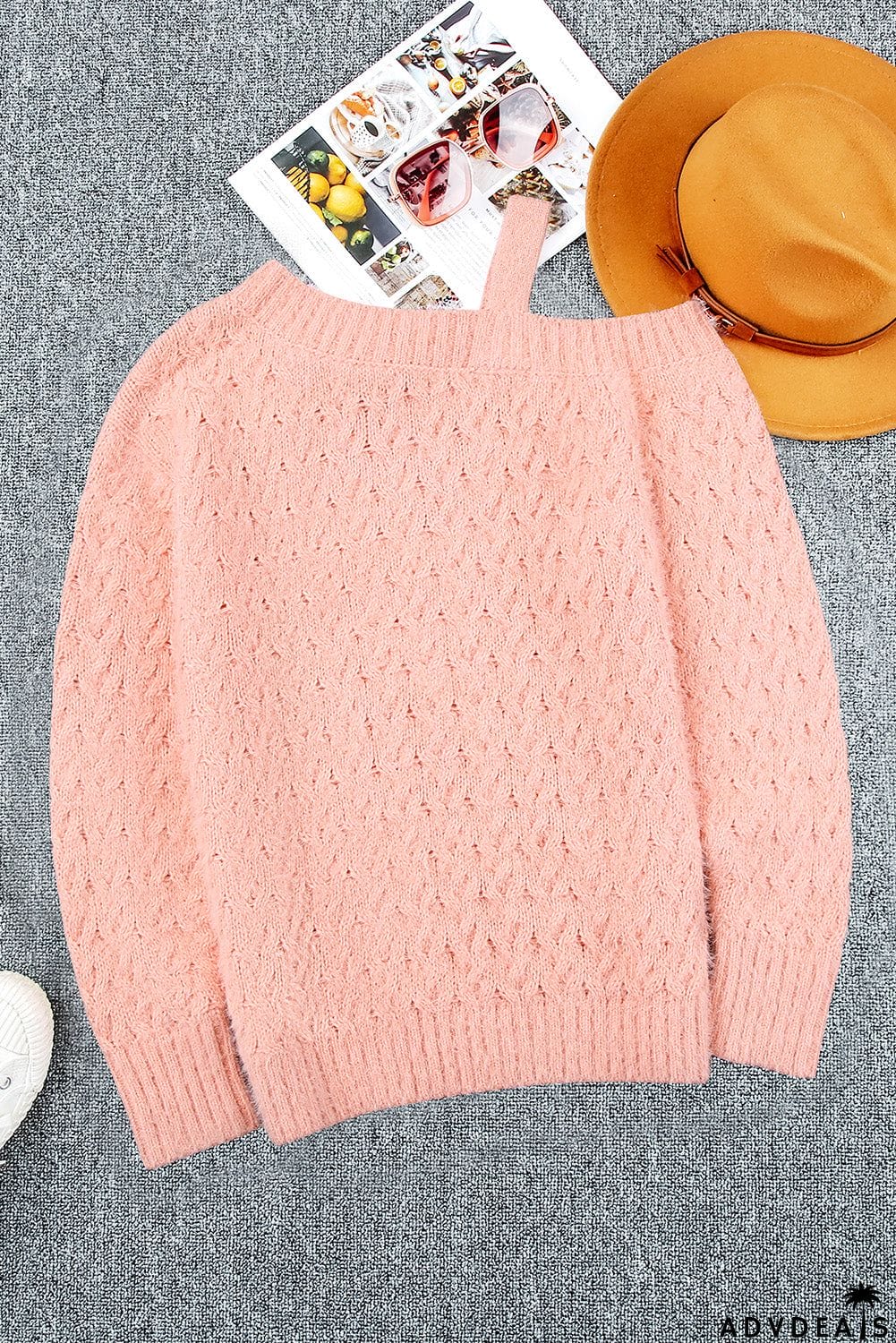 Pink Cold Shoulder Eyelash Sweater