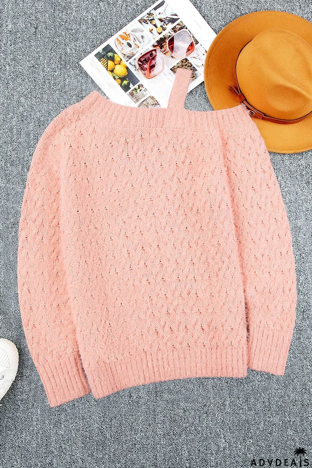 Pink Cold Shoulder Eyelash Sweater