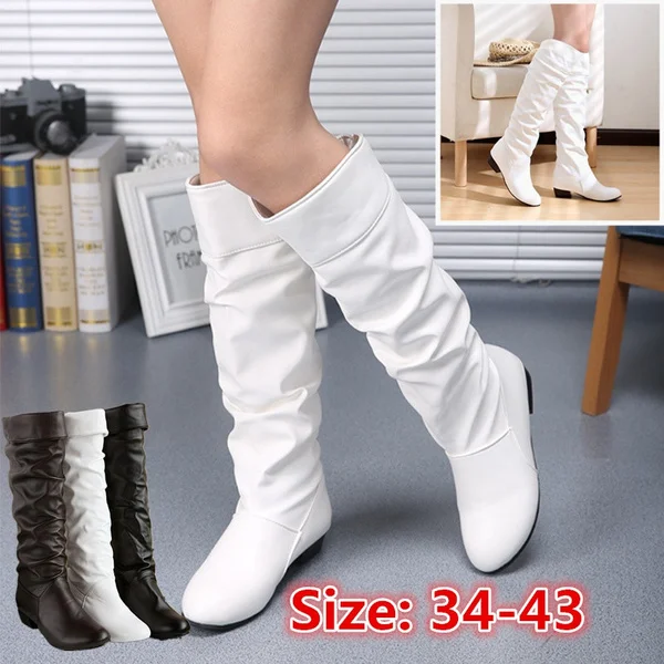 Women Fashion Mid-Calf Women Faux Leather Boots Black White Brown Flat Heels Half Boots Autumn Winter Shoes 35-43