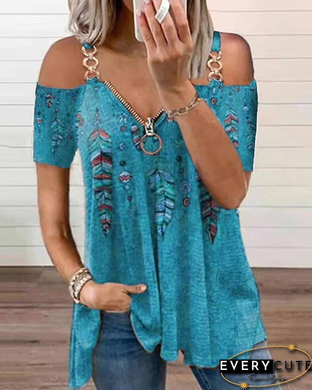 Summer New Fashion Women's Feather Printed Metal Strap Zipper V-neck Casual Strapless Short Sleeve Top Loose Plus Size Soft and Comfortable Summer T Shirt Shirt XS-5XL