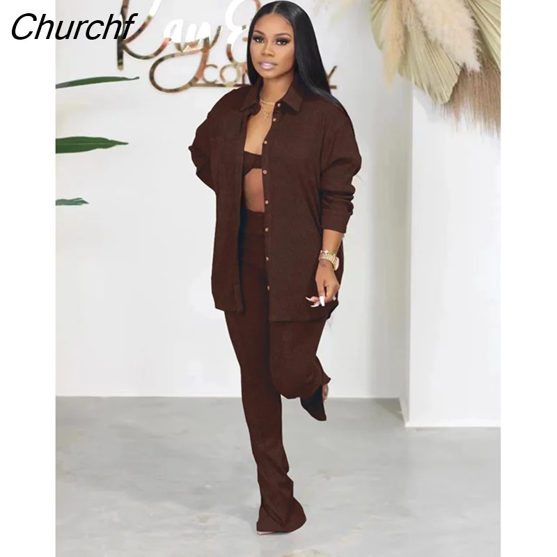 Churchf Women Tracksuirt 3 Piece Set Sweater Shirt +Long Pants Knit Ribbed Streetwear Matching Set Clothes For Women Outfit-Outfit Ideas