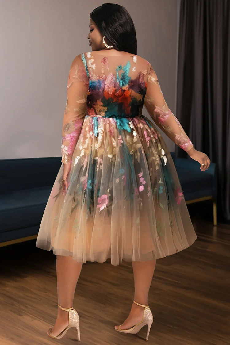 Xpluswear Design Plus Size Cocktail Party Multicolor V Neck Long Sleeve Tulle Midi Dresses