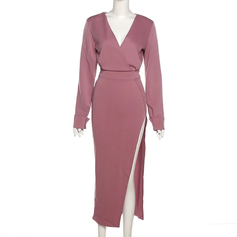 WannaThis V Neck Long Sleeve Midi Dresses High Split  Autumn 2021 Vintage Chic Party Wear Elegant Female White Aesthetic Dresses