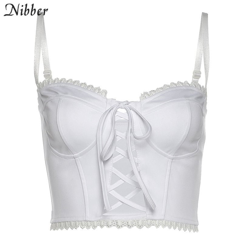 Nibber French elegance hollow bow sling crop tops women lace up camisole 2020 summer ladies wild white sleeveless tank top vest