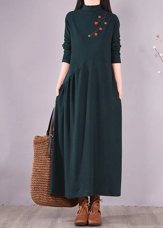 Handmade Blackish Green Embroidery Clothes High Neck Cinched Robes Spring Dresses