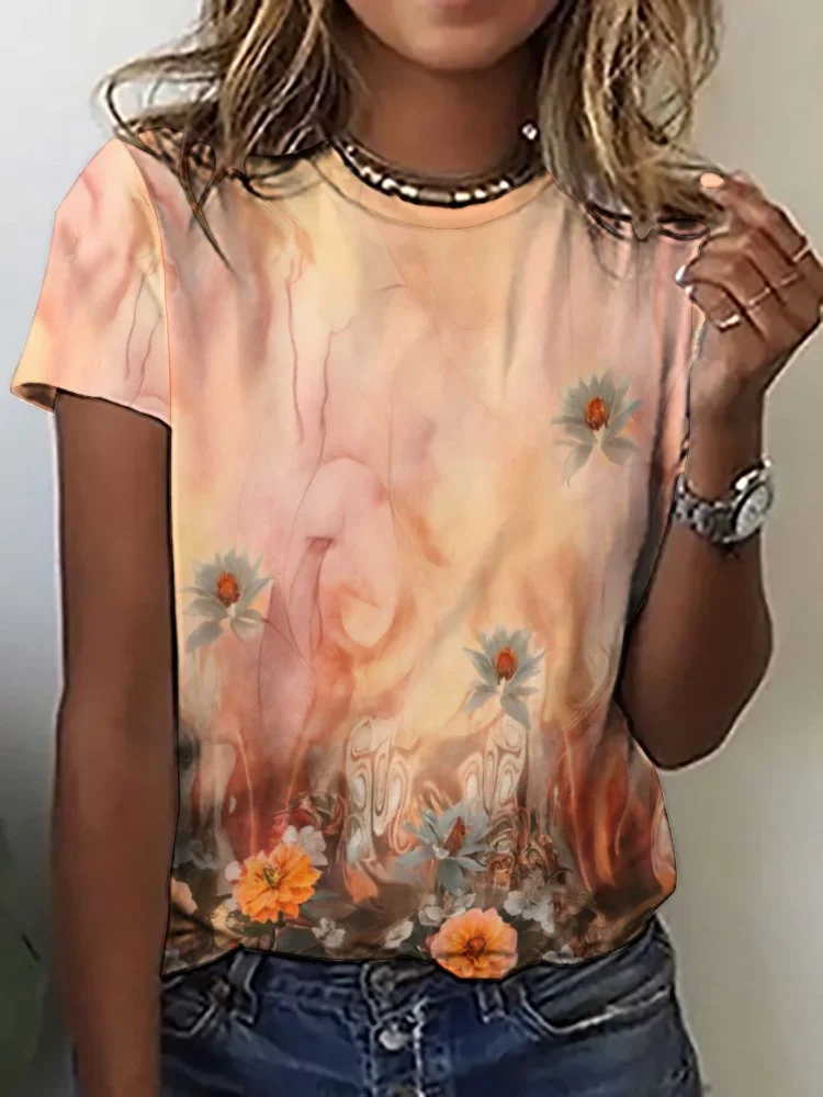 Printed Short Sleeve Casual T-shirt for  Women and Men Unisex Pattern Floral, Orange