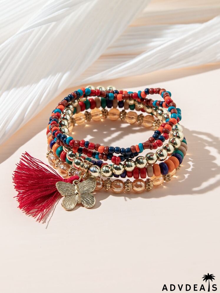5pcs Butterfly & Tassel Charm Beaded Bracelet