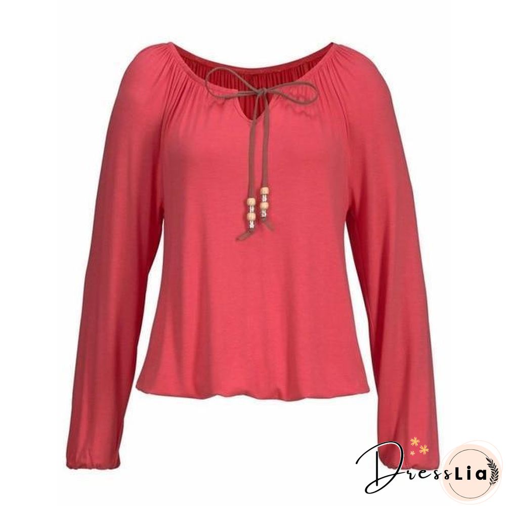 Women Solid Color V Neck Solid Tops Bowknot Long Sleeve Shirt Loose Comfort Blouse