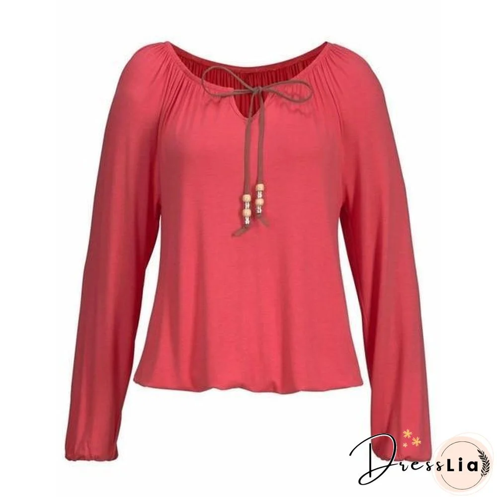 Women Solid Color V Neck Solid Tops Bowknot Long Sleeve Shirt Loose Comfort Blouse