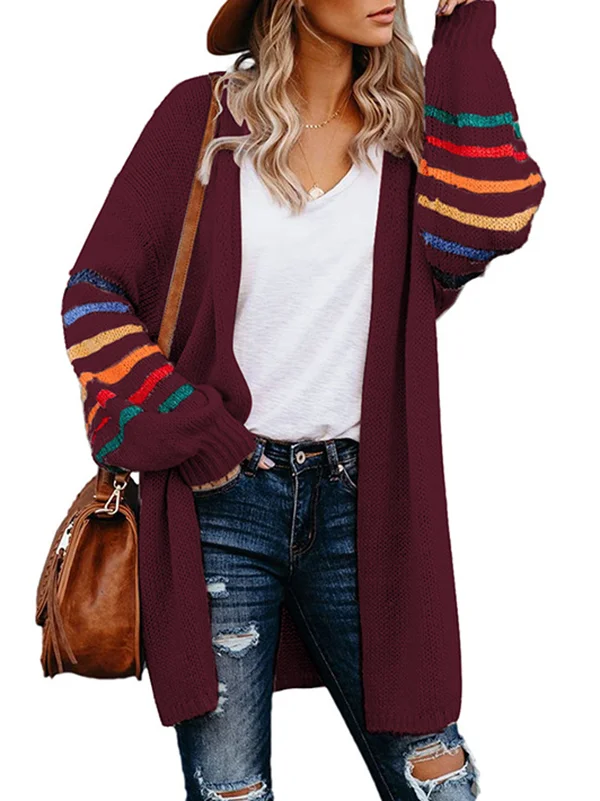 Long Sleeves Loose Colorful Contrast Color Striped Collarless Cardigan Tops