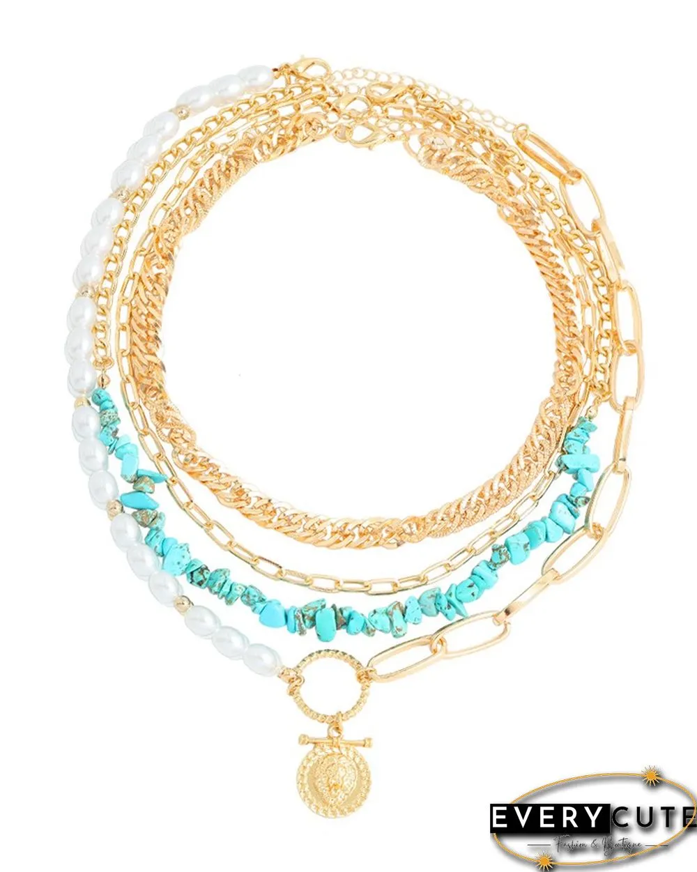 Coin Pendant Beaded & Chain Layered Necklace