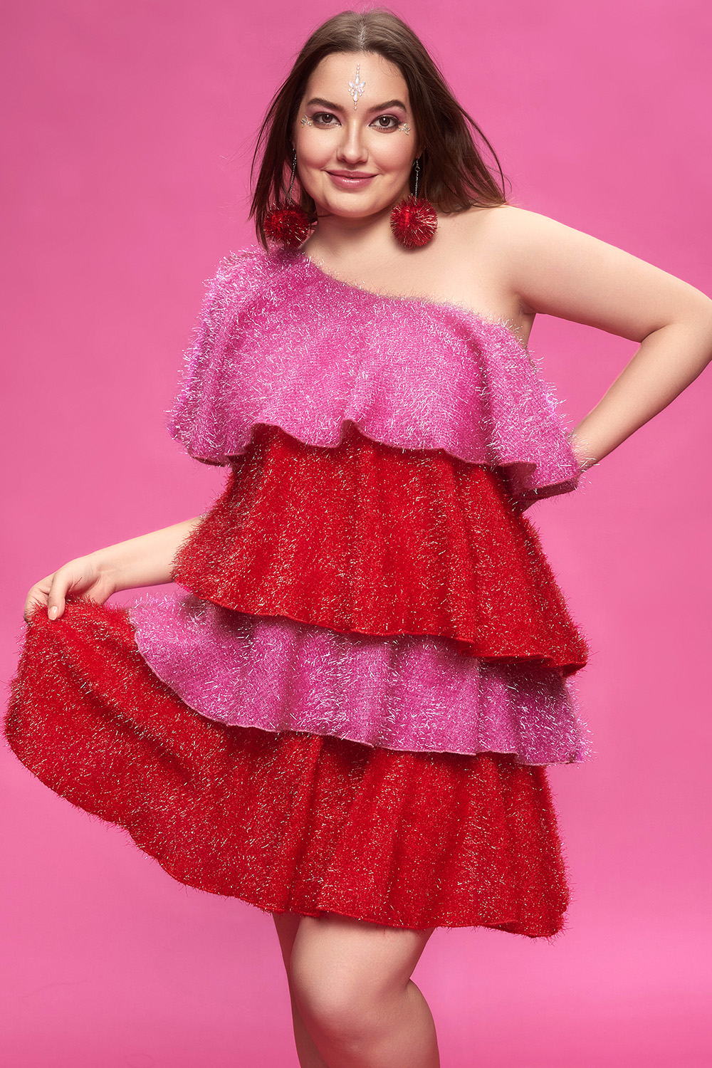 Design Plus Size Party Red Oblique Collar Flounce Metallic Knit Mini Dresses [Pre-Order]