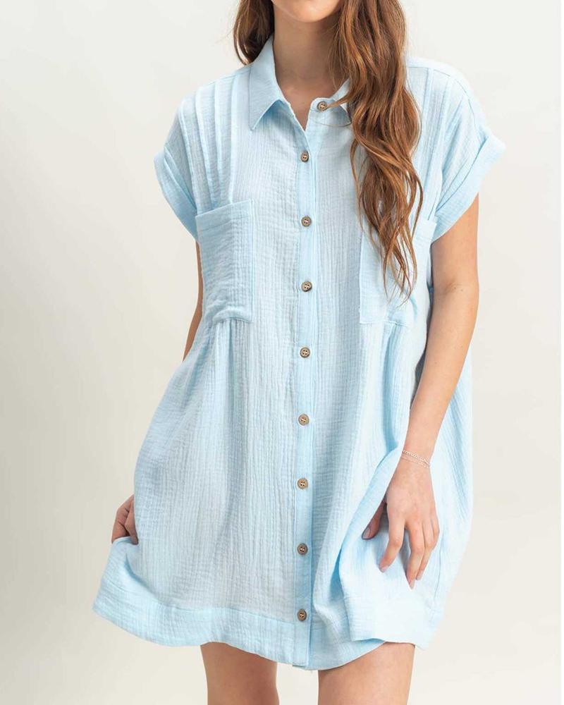 Short Sleeve Lapel Chest Pockets Single Breasted Shirt Mini Dress