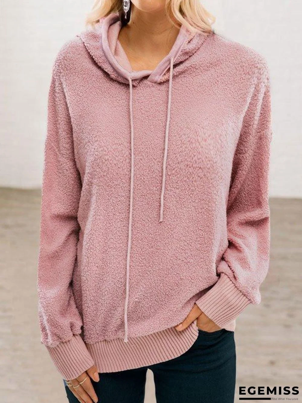 Hoodie Long Sleeve Solid Cotton-Blend Sweater | EGEMISS