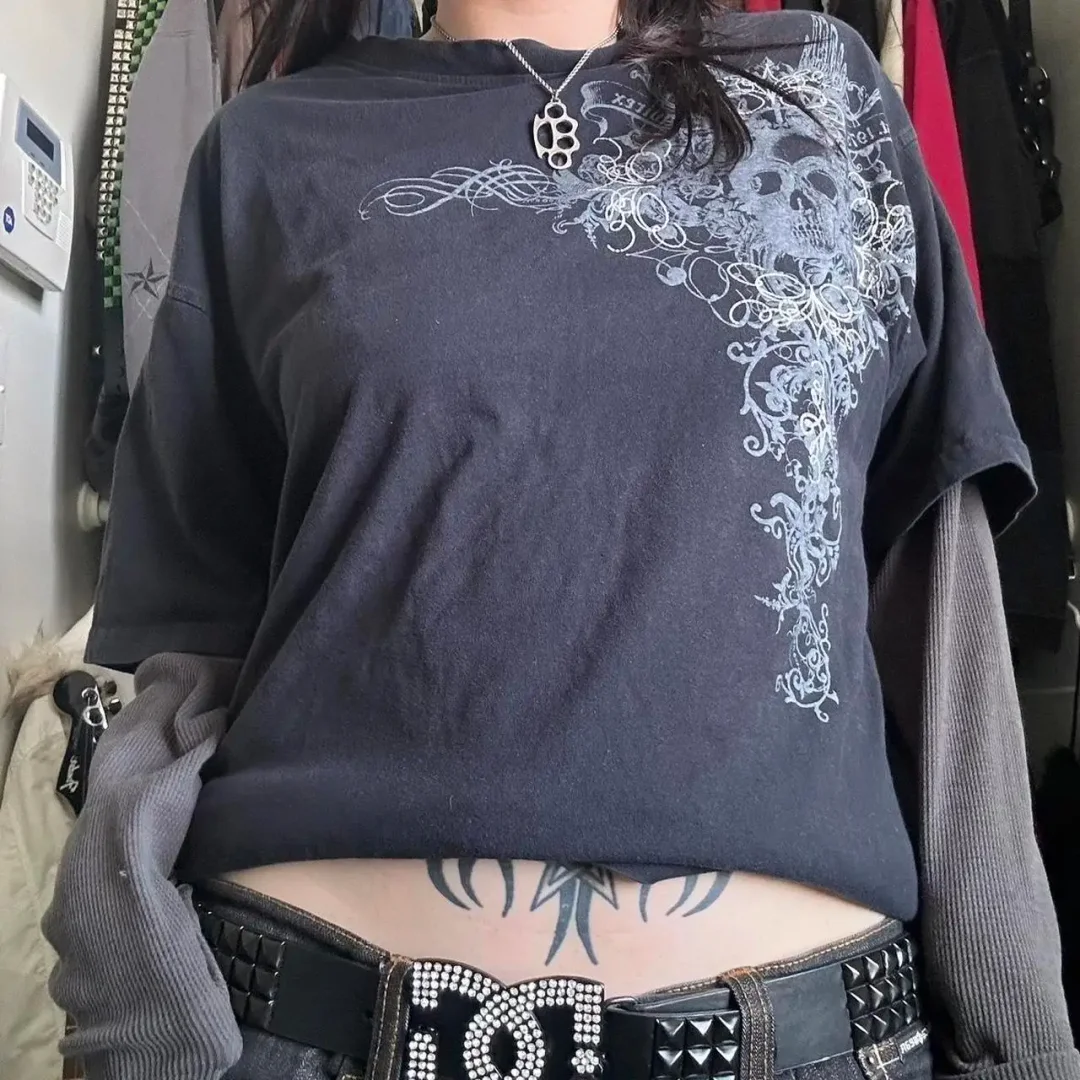 Aonga Gothic Fake-Two Piece T Shirt for Women Y2K Vintage Graphic Long Sleeve Grunge Tops E Girls Fairy Aesthetic Clothing 0520 aonga