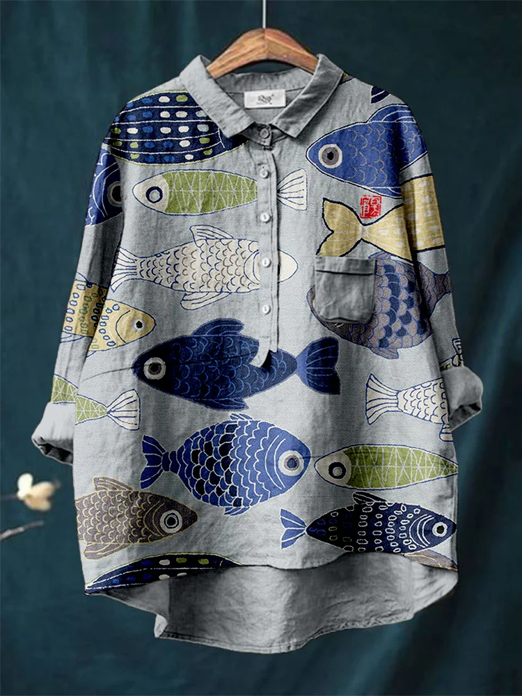 Vintage Fish Japanese Art Linen Blend Tunic