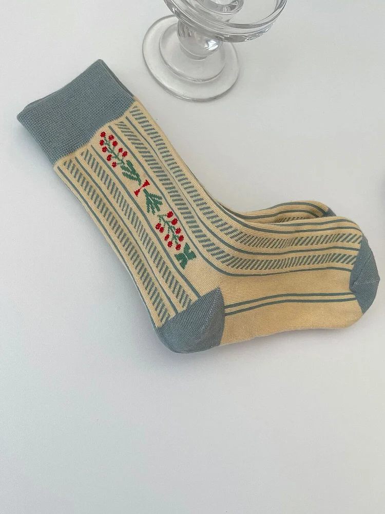 Women's Casual Flower Houndstooth Water Ripple Pattern Crew Socks