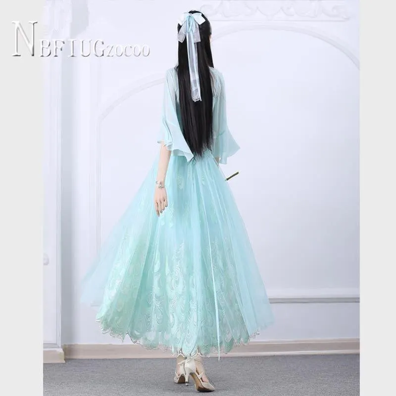 2020 Summer Chinese Style Han Dynasty Women Dress Green Color Embroidery Flower Female Dresses