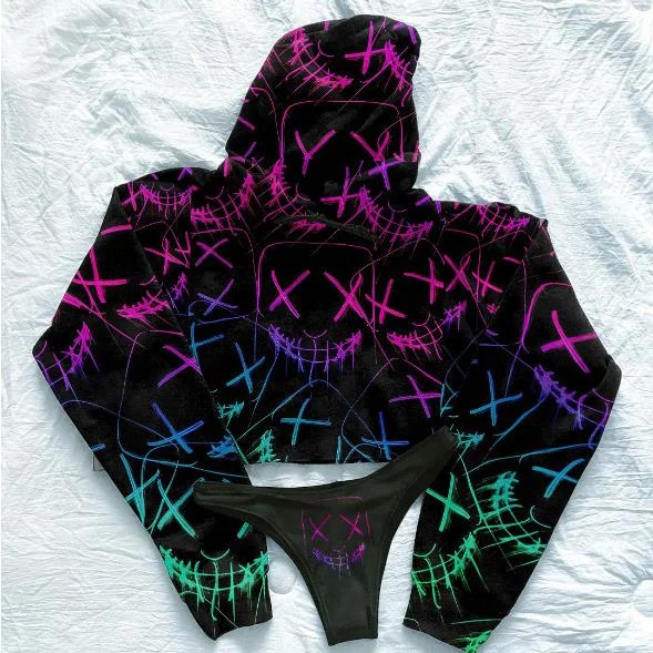 Fashion Devil Face Printed Sports Cropped Hoodie Suit Set