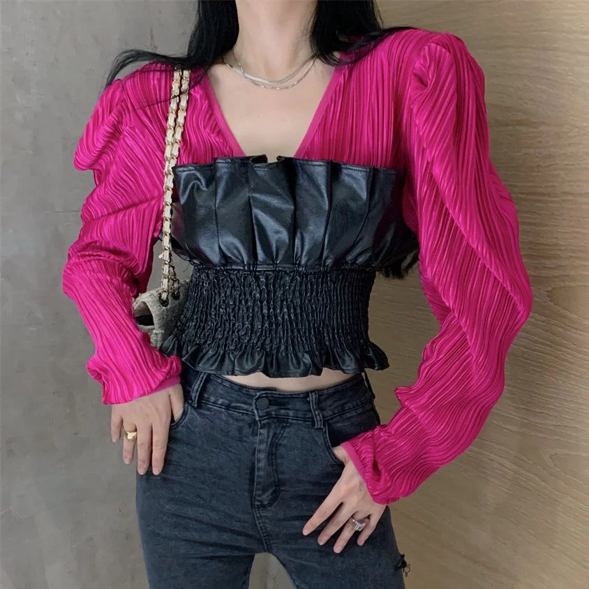 Jangj Alien Kitty Sexy All Match Women Shirts 2022 Patchwork PU Slim Puff Sleeve Elegant Spring Fashion New OL Casual Loose Blouses