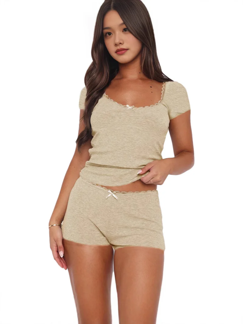 Uveng Lace Splicing Home Two-Piece Set Of Body-Repair Collar Knitting Short Suit Women's Multi-Color Leisure Suit