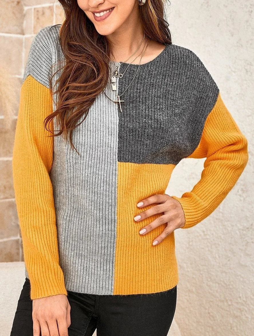 Ladies Color Block Stitching Round Neck Long-Sleeved Sweater