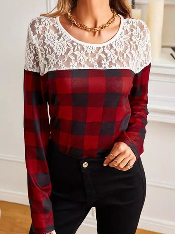 Plaid Lace Splicing Long Sleeve Blouse