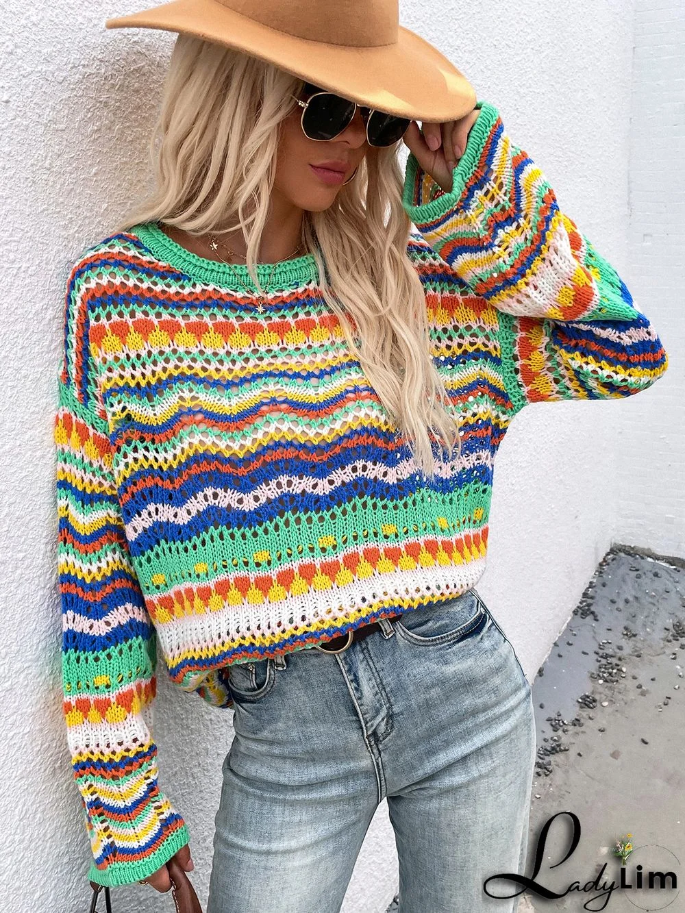 Fall/Winter Patchwork Knitting Top Loose Round Neck Striped Sweater