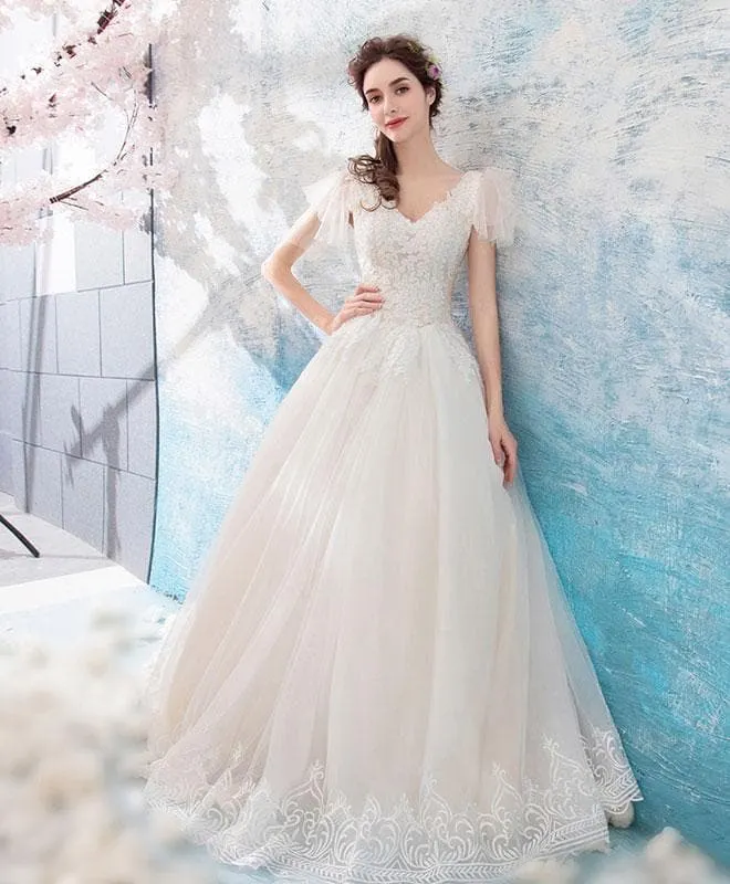 Light champagne v neck tulle lace long prom dress tulle formal dress,DS2302 main image 0