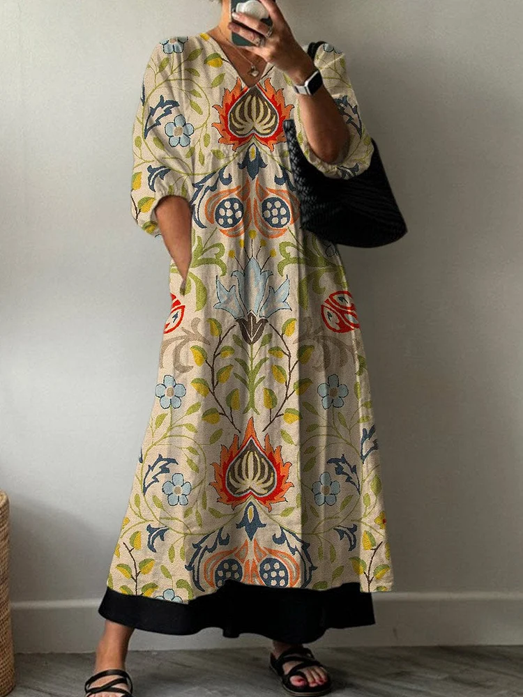 Women's Vintage Lovely Floral Art Print Pocket V-neck Cotton Dress