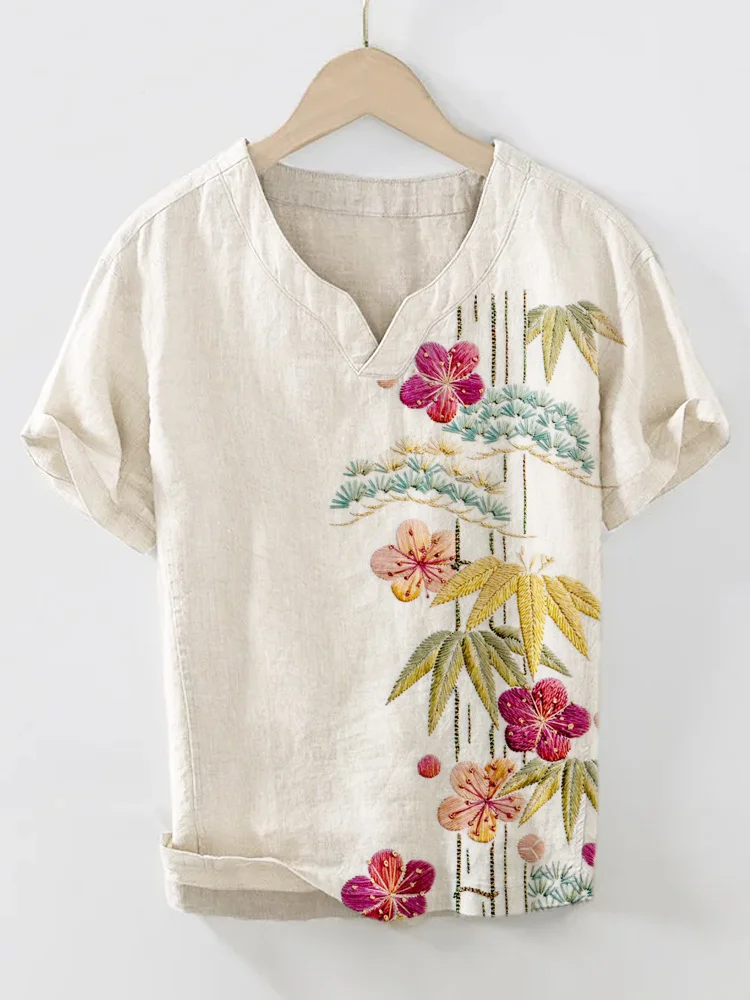 Japanese Art Flower Embroidery Casual Linen T-Shirt