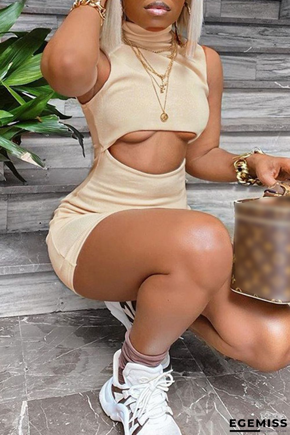 Apricot Fashion Sexy Solid Hollowed Out Turtleneck Sleeveless Dress | EGEMISS