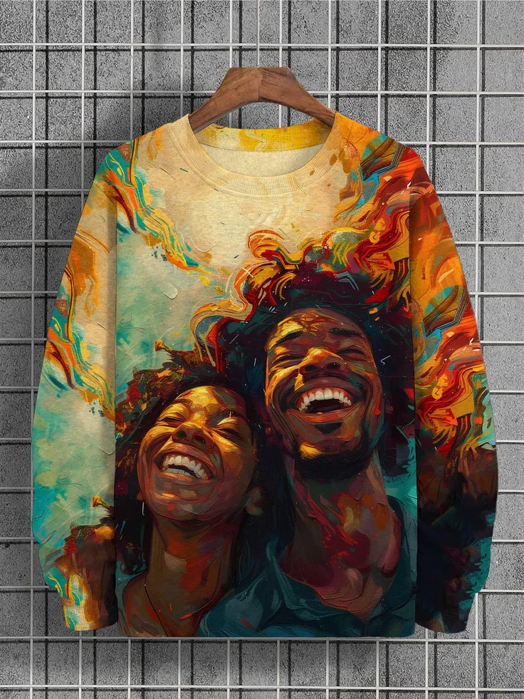Men's Black Couple Laughing Art Print Casual Sweatshirt