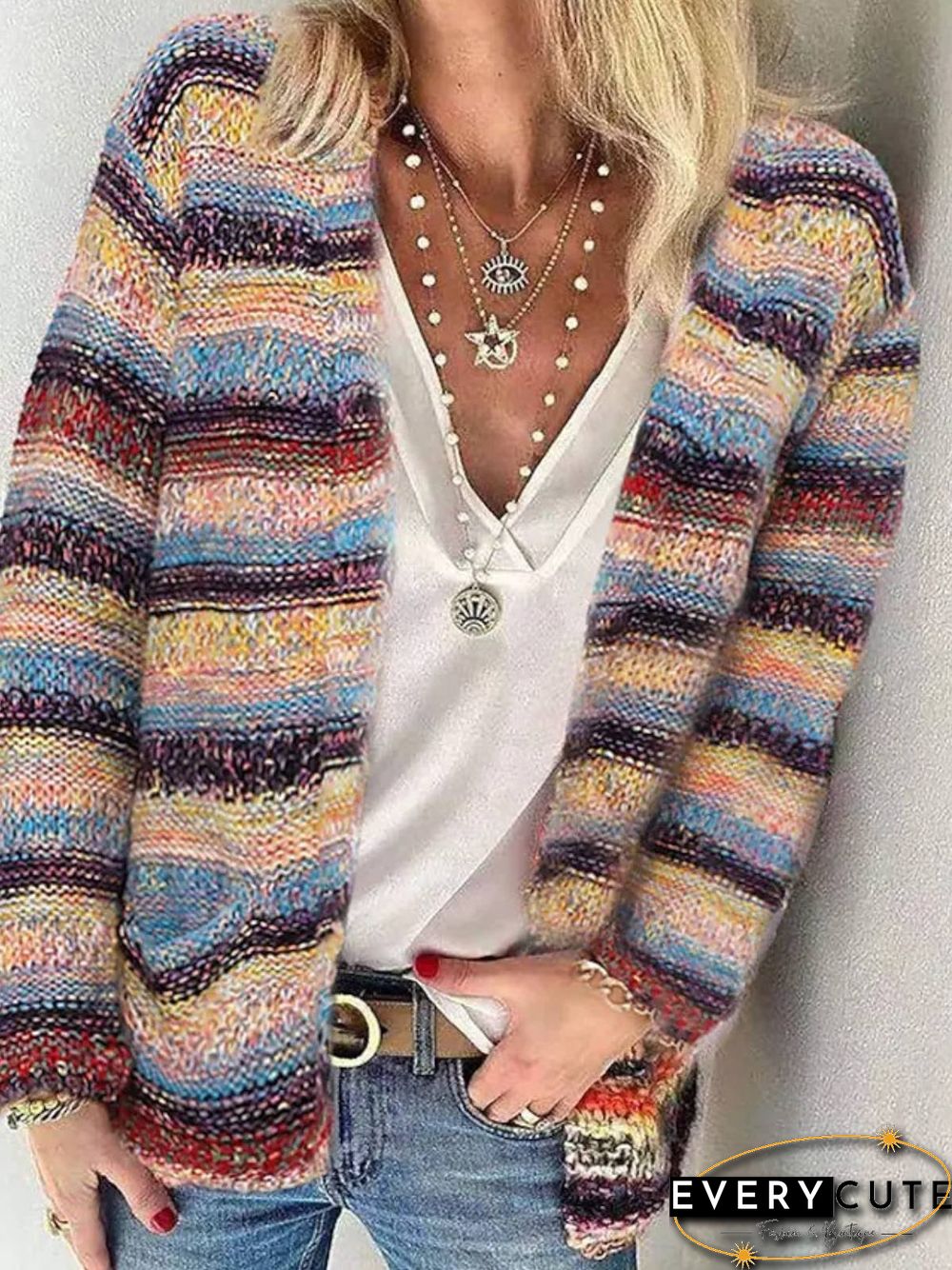 Casual Long Sleeve Striped Sweater coat