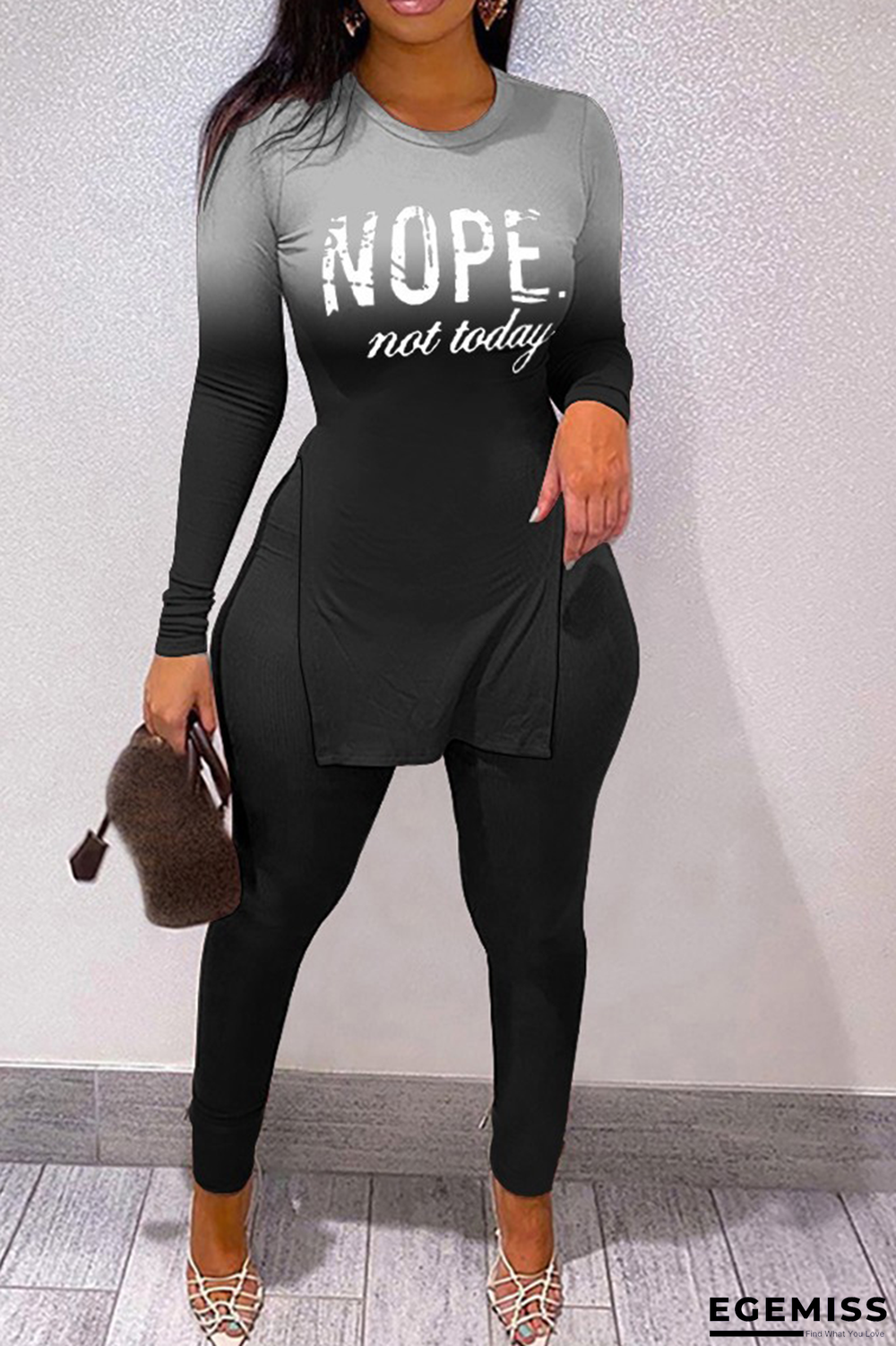 Black Casual Print Slit Letter O Neck Long Sleeve Two Pieces | EGEMISS