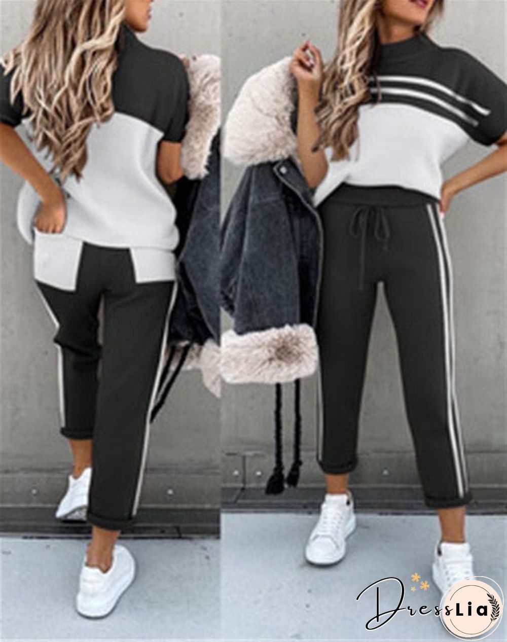 Women Summer Casual Loose 2 Piece Set Side Stripes Drawstring Design Pockets Decor Mid Waist Long Pants+O-Neck Short Sleeve Top