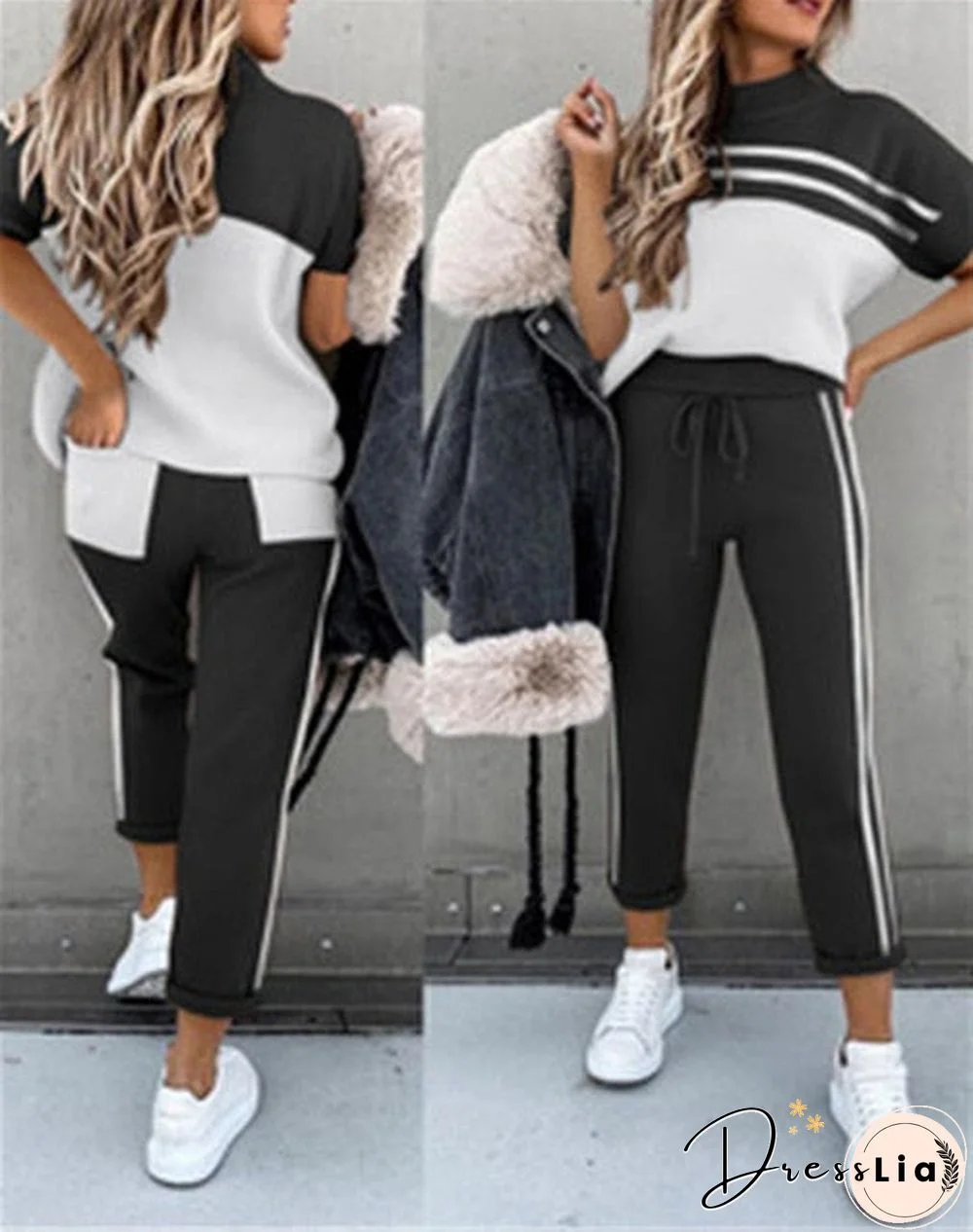 Women Summer Casual Loose 2 Piece Set Side Stripes Drawstring Design Pockets Decor Mid Waist Long Pants+O-Neck Short Sleeve Top