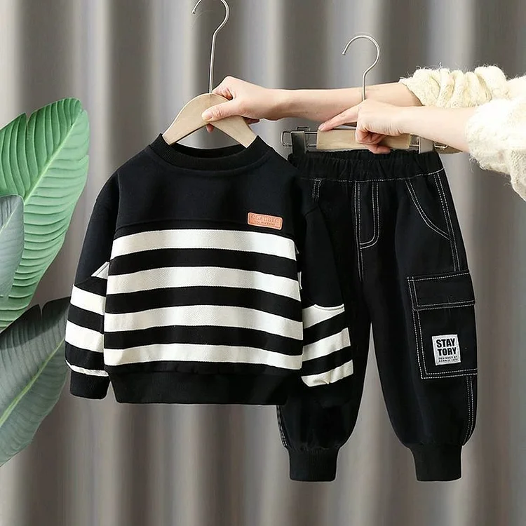 ストライプ柄 ファッション 長袖 パーカー+パンツ 幼児 2点セットアップ
