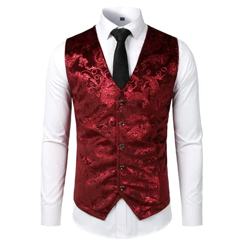 Inongge Gold Steampunk Vest Men Suit Gilet Homme Wedding Sleeveless Slim Fit Paisley Floral Dress Vests For Men Single Buttons Waistcoat