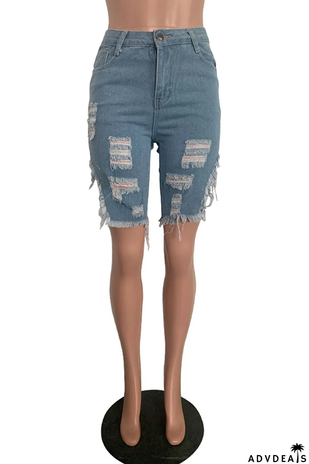 Light Blue Black Light Blue Dark Blue Denim Button Fly Mid Asymmetrical Boot Cut Capris Bottoms