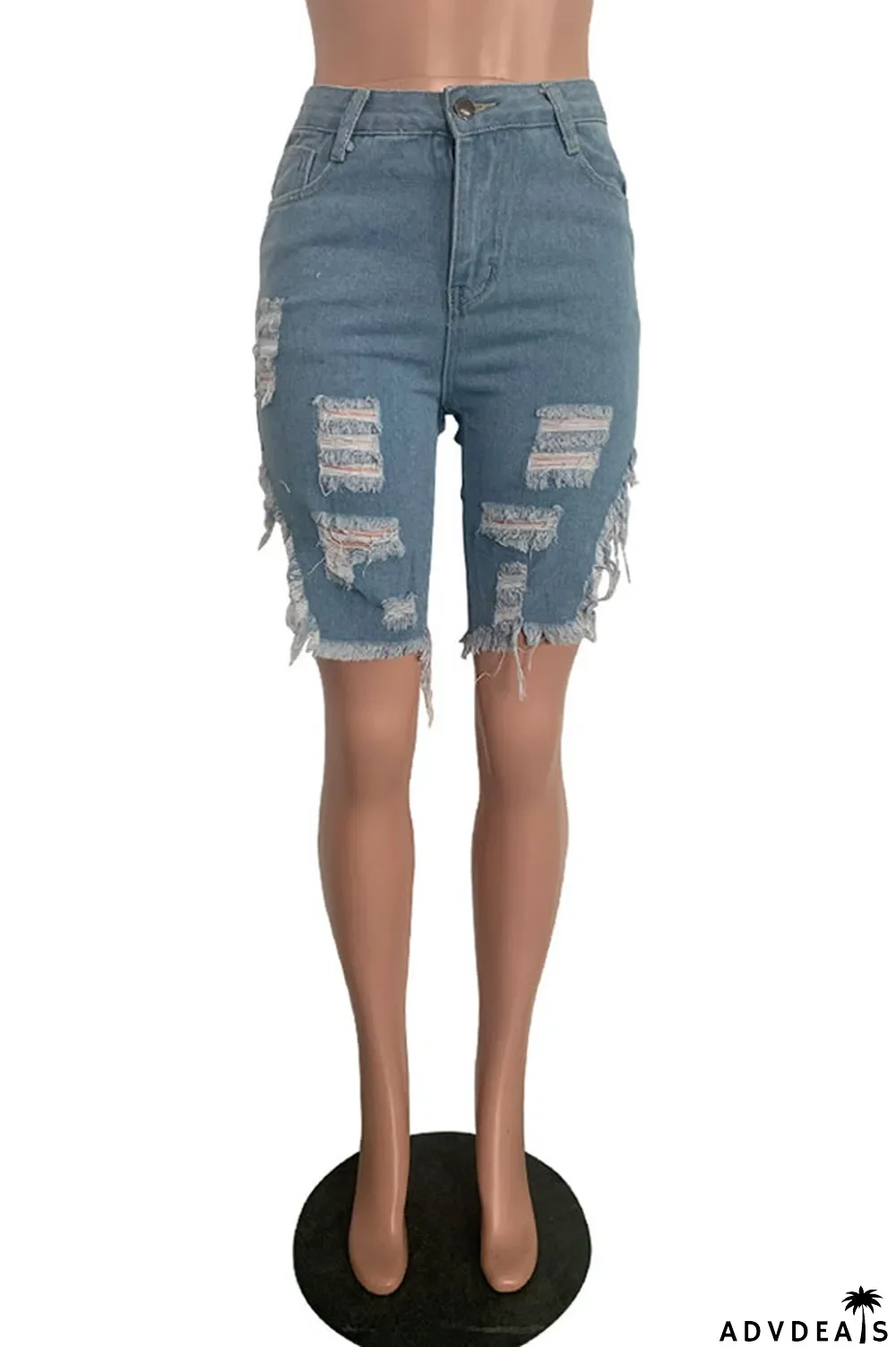 Light Blue Black Light Blue Dark Blue Denim Button Fly Mid Asymmetrical Boot Cut Capris Bottoms