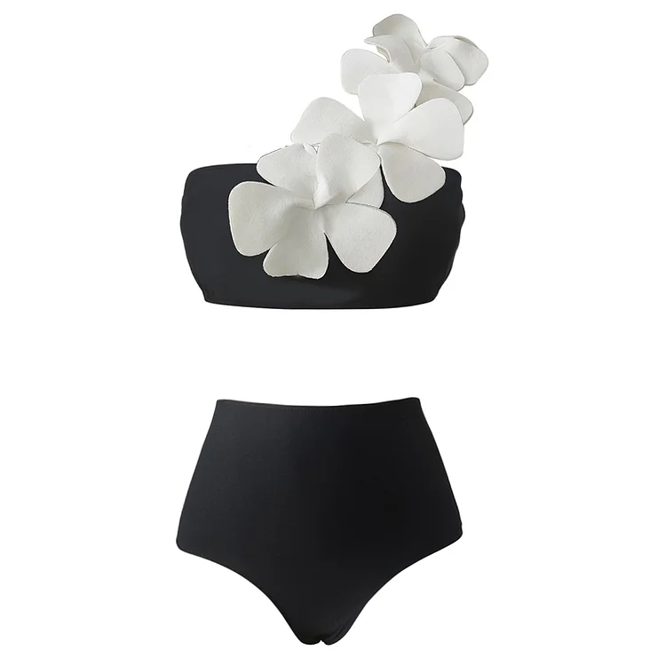 One Shoulder 3D Flower Black Bikini Swimsuit and Skirt Flaxmaker