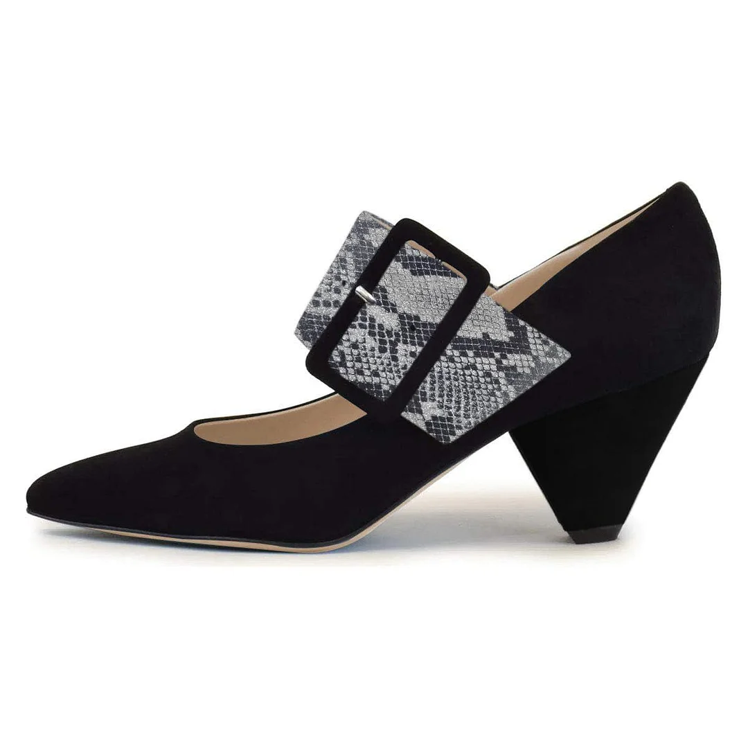 Faux Suede Pointed Toe Buckle Python Strap Heel Pumps in Black