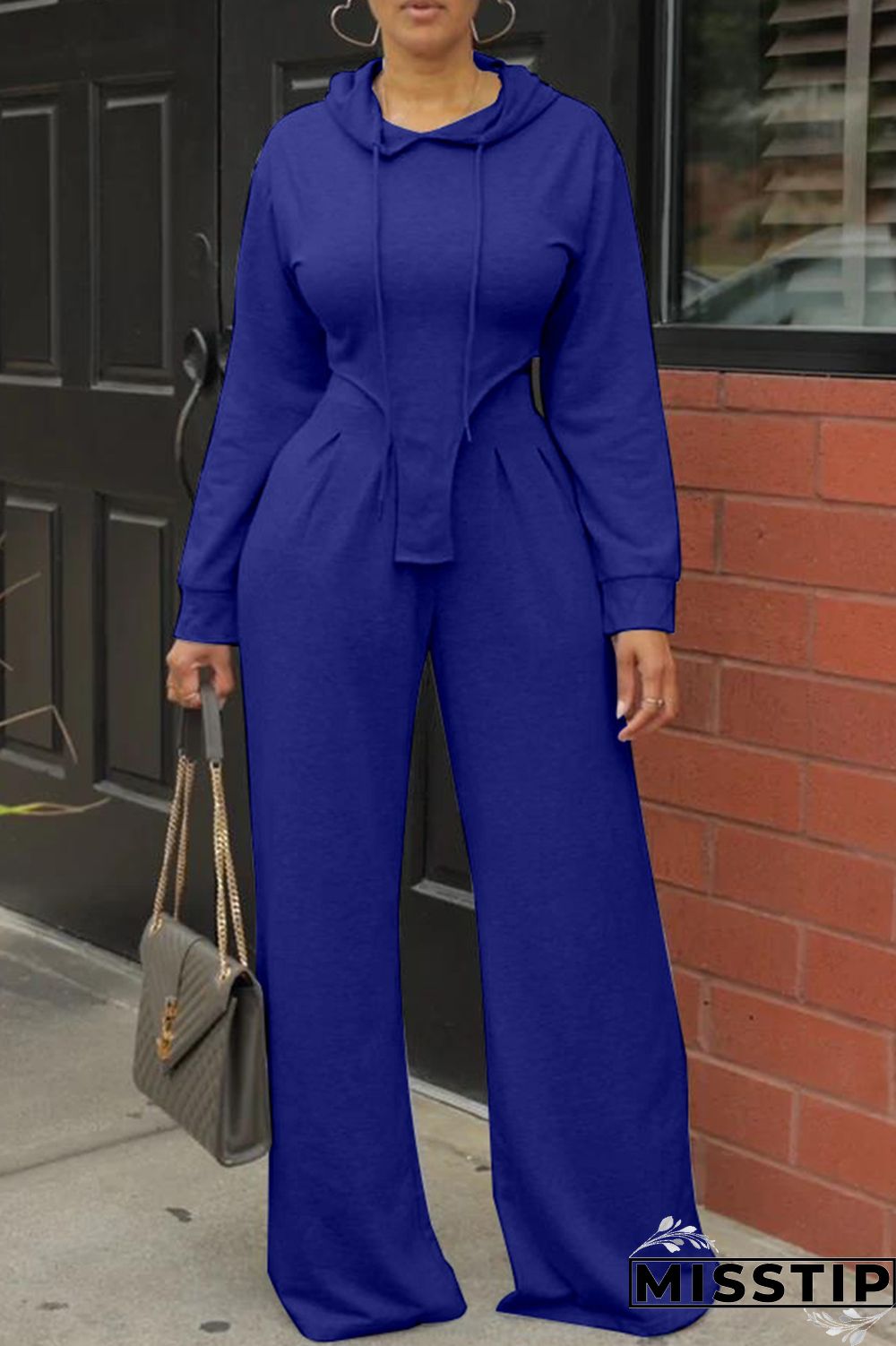 Blue Casual Solid Asymmetrical Hooded Collar Long Sleeve Two Pieces