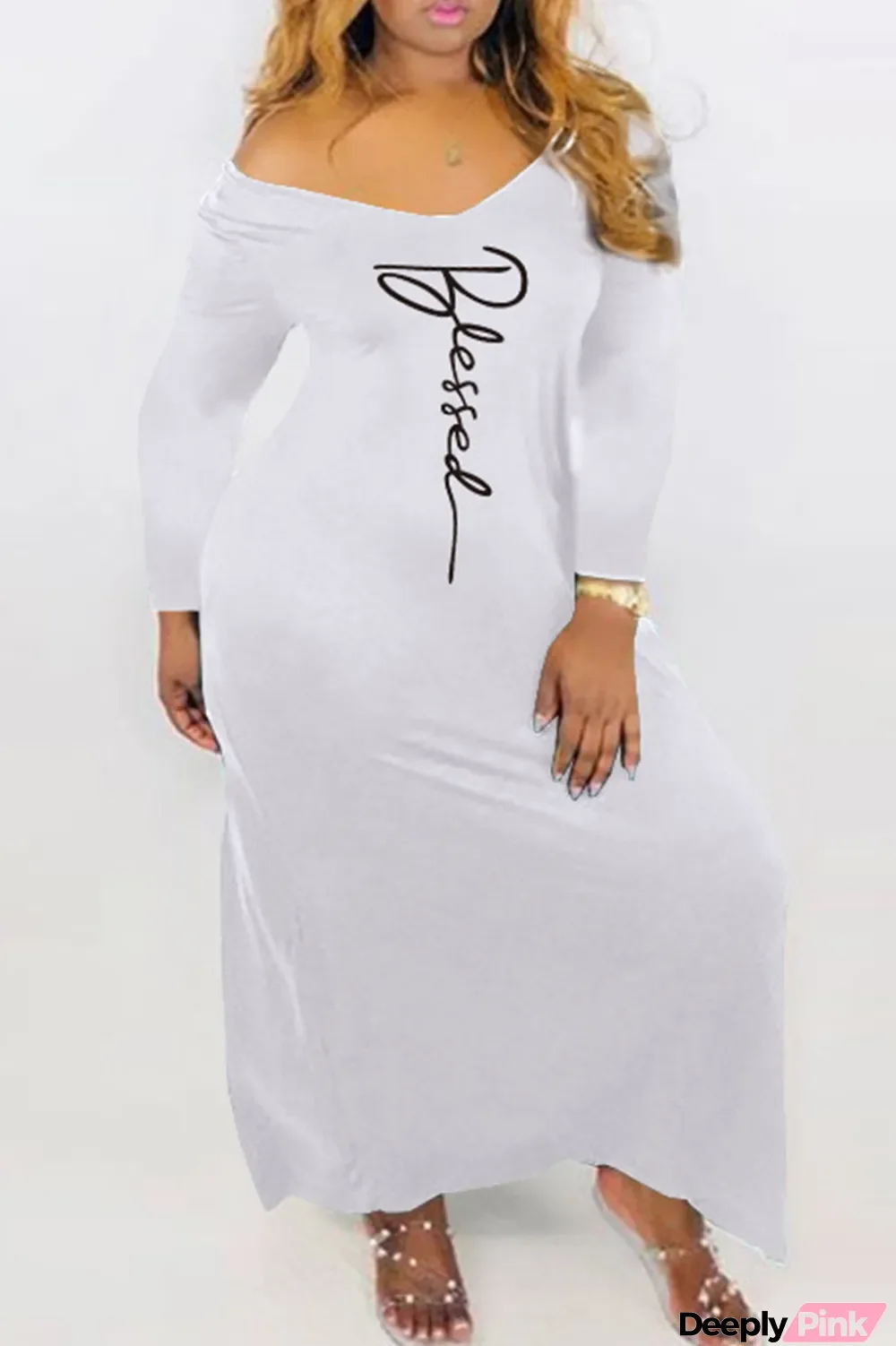 White Fashion Casual Print Basic V Neck Long Sleeve Dresses