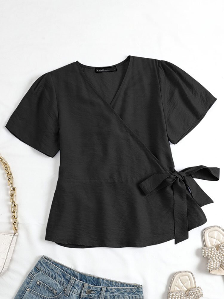 Solid Color V neck Knotted Short Sleeve Casual Women Blouse P1856339