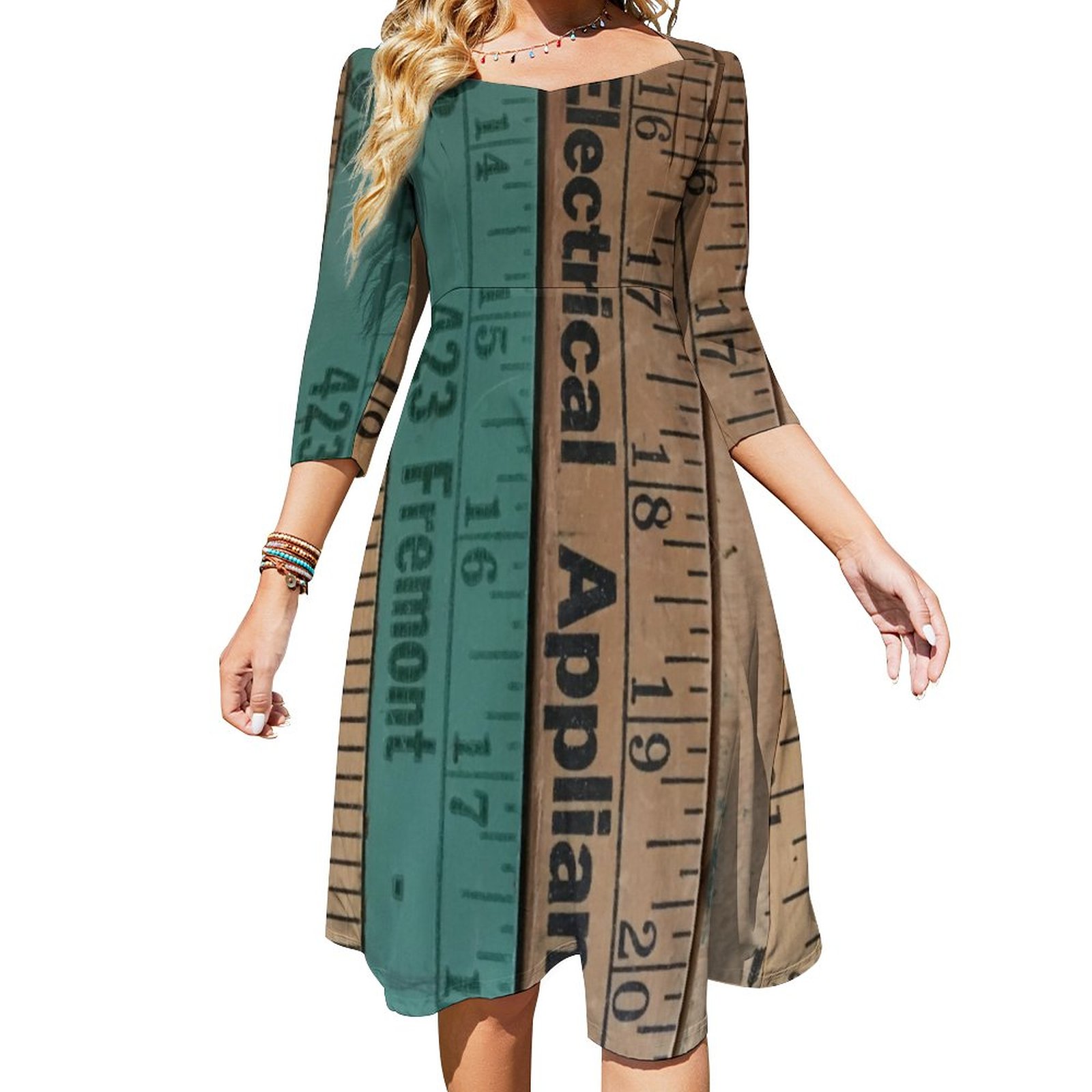 Yard Stick Ruler Old Measuring Tools Dress Sweetheart Tie Back Flared 3/4 Sleeve Midi Dresses