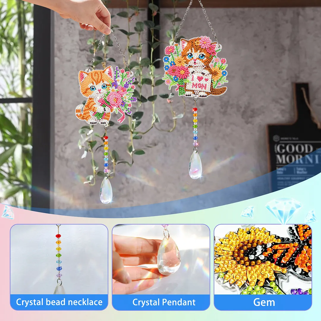 2Pcs Cat DIY Acrylic Diamond Painting Art Wind Chimes with Crystal Pendant Diamond Art Hanging Pendant Double-Sided for Adults Beginners Gift Home Garden Decor