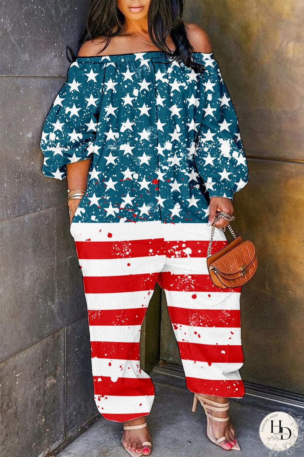 Red Blue Casual Print Backless Off the Shoulder Regular Jumpsuits